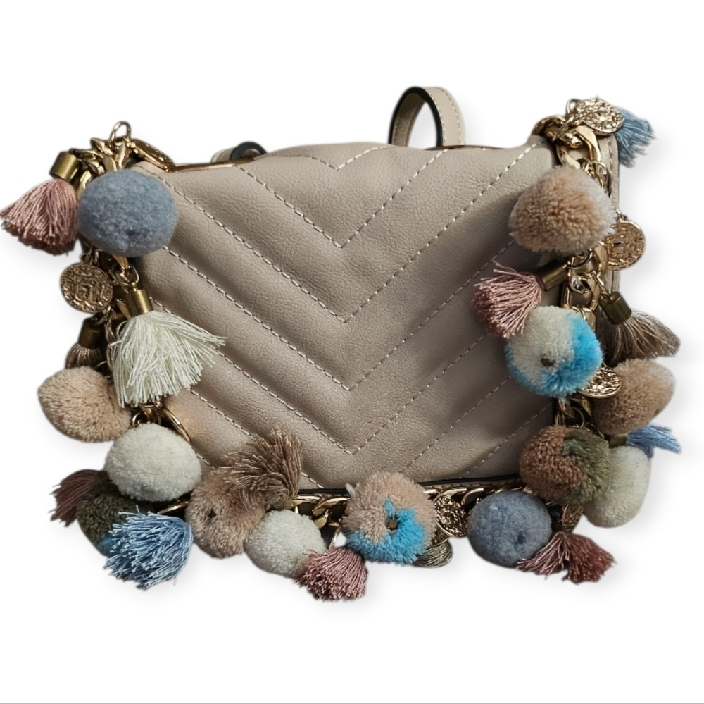 Festival Cream Chevron Crossbody Bag with Multicolor Pom Poms